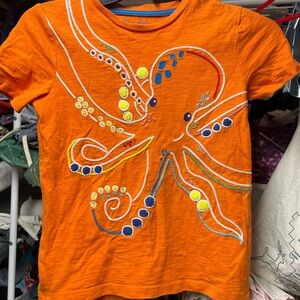 8-9y Mini Boden Orange Tee with Octopus Embroidered Design